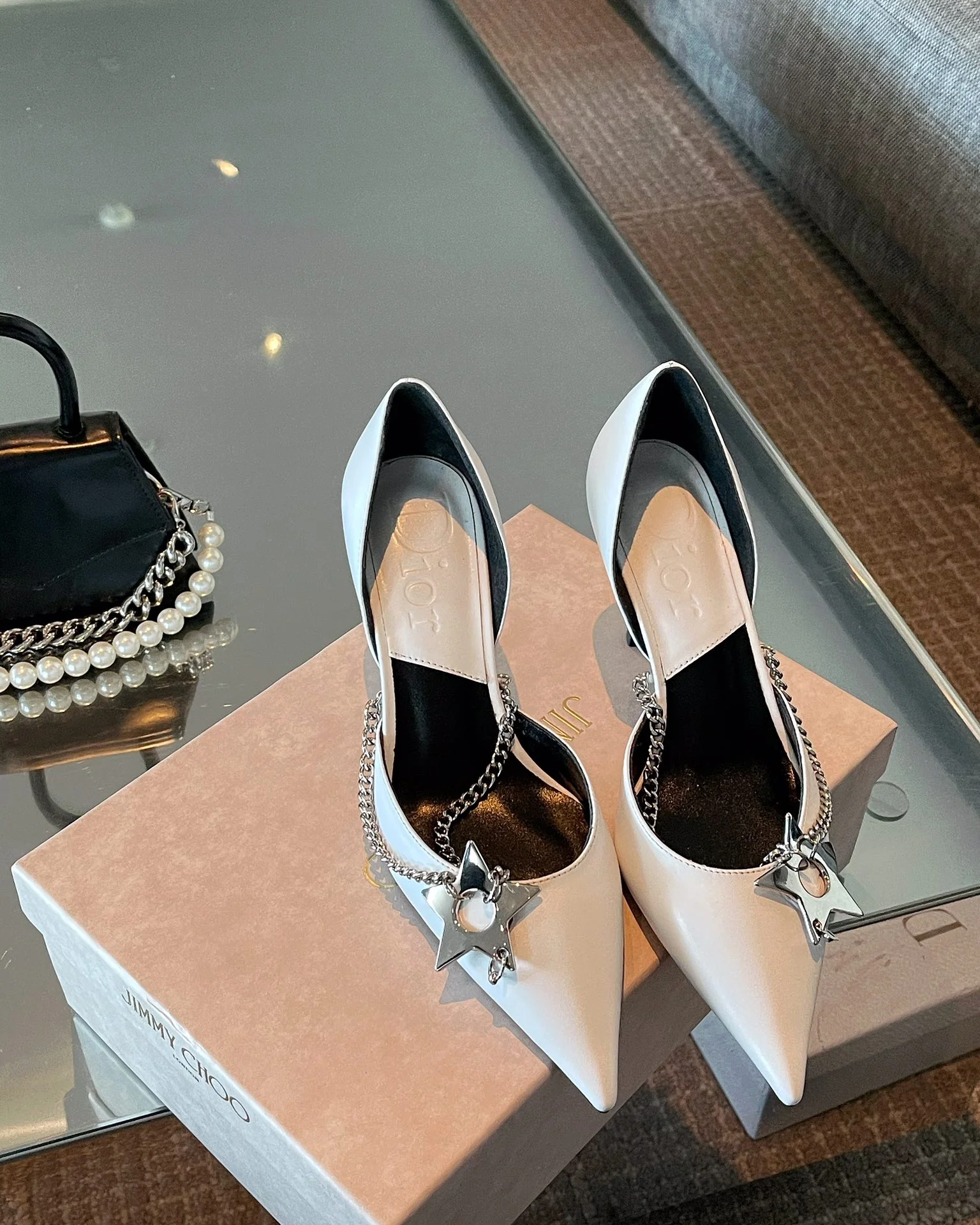 Туфли на высоком каблуке Dior Star с серебряной цепочкой - белые - 8-5 см