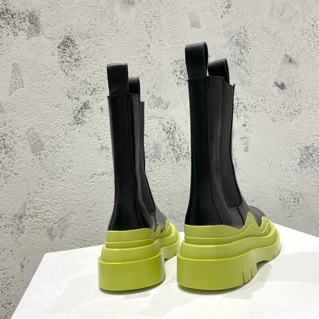 BV-22ss - Британские ретро-сапоги до середины икры - Унисекс - Черные с зеленой подошвой
