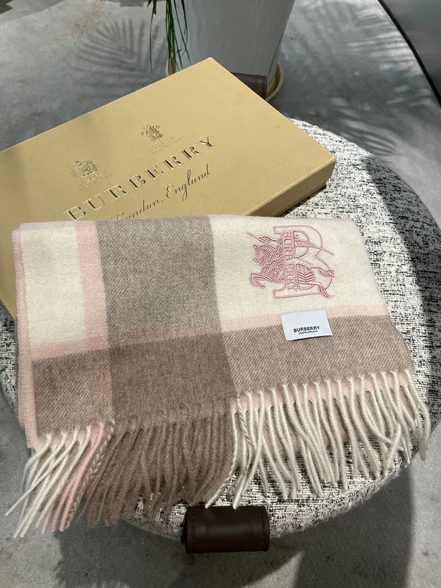 Шарф Burberry в клетку - Размер 30 - 180 см - 100 г - Шерсть - Серо-розовый