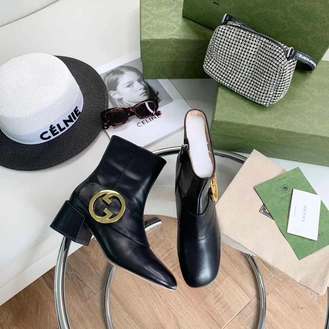 Новинка сезона осень/зима Gucci 22ss - Классические черные ботильоны с золотой пряжкой