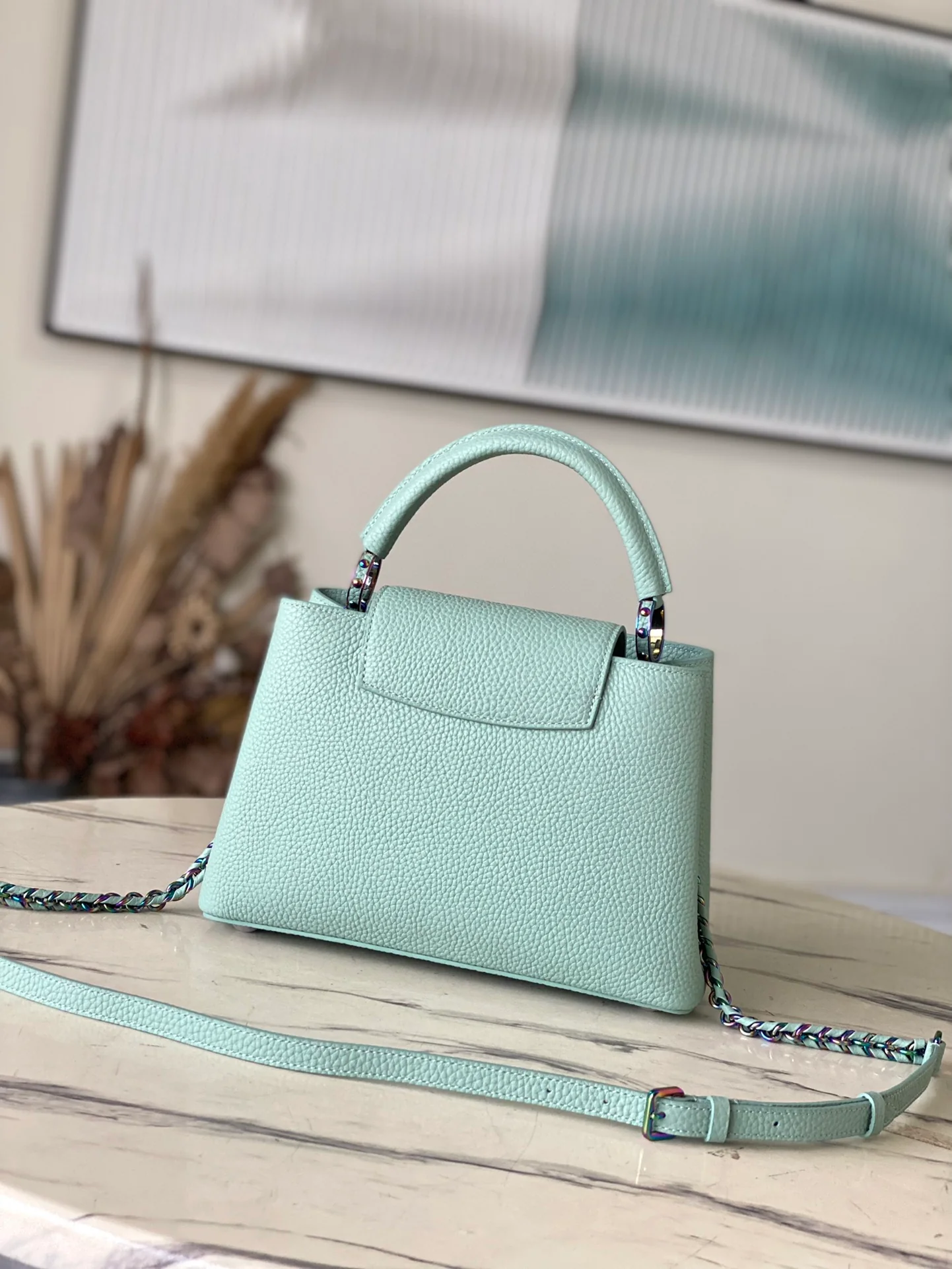 m22055-LV-Taurilon Leather-Capucines Handbag-Light Green with Spickled Gold Pulles-Small Size