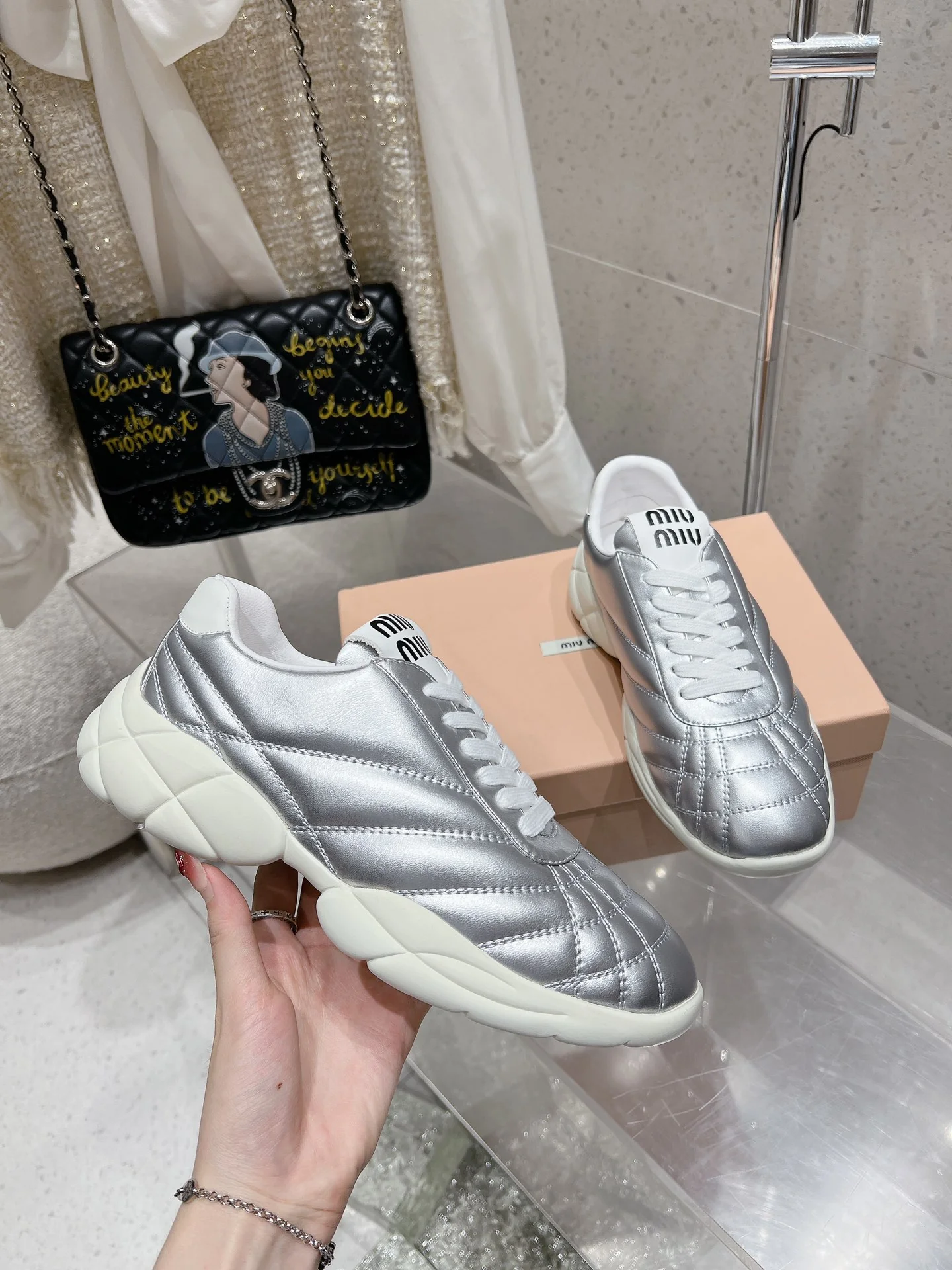 Miu Miu - Бейсбольные кроссовки с закругленным носком - Серебристые