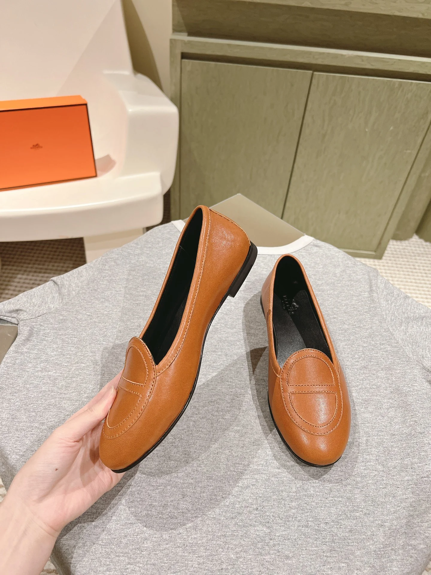 Кожаные балетки Hermes 2024 - Кофейно-коричневые