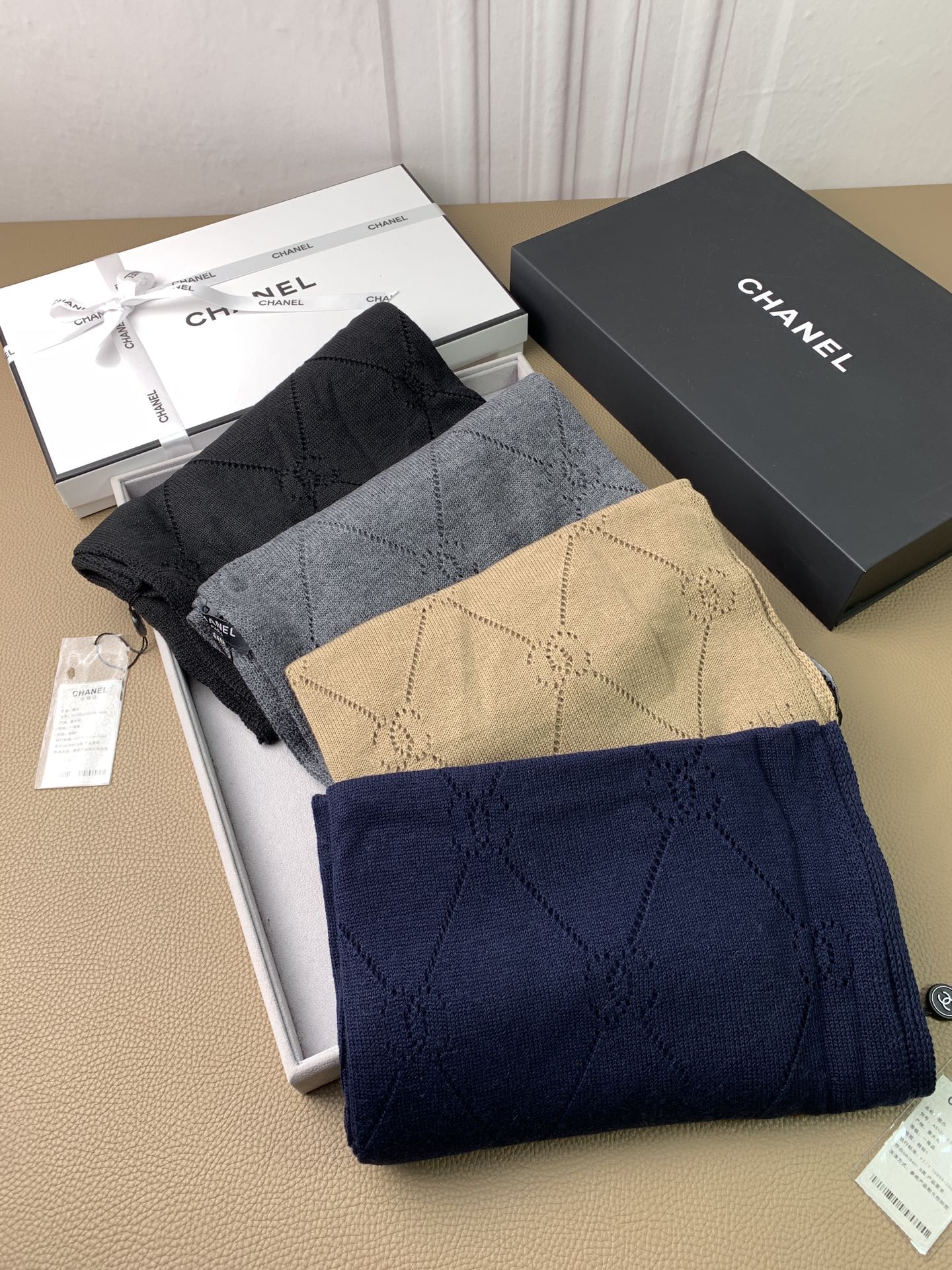 Кашемировый шарф Chanel ажурной вязки - 180 см - 60 см - 100% кашемир - синий