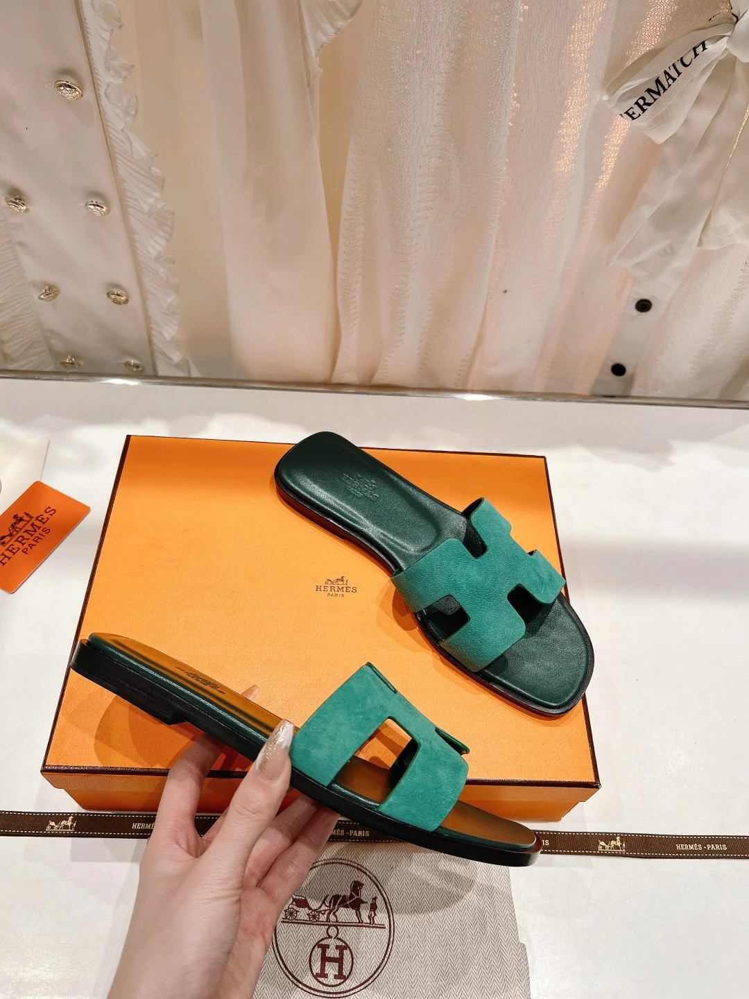 Hermes 2023 Новая модель - Улучшенная версия - Классические тапочки из овечьей кожи - Зеленые