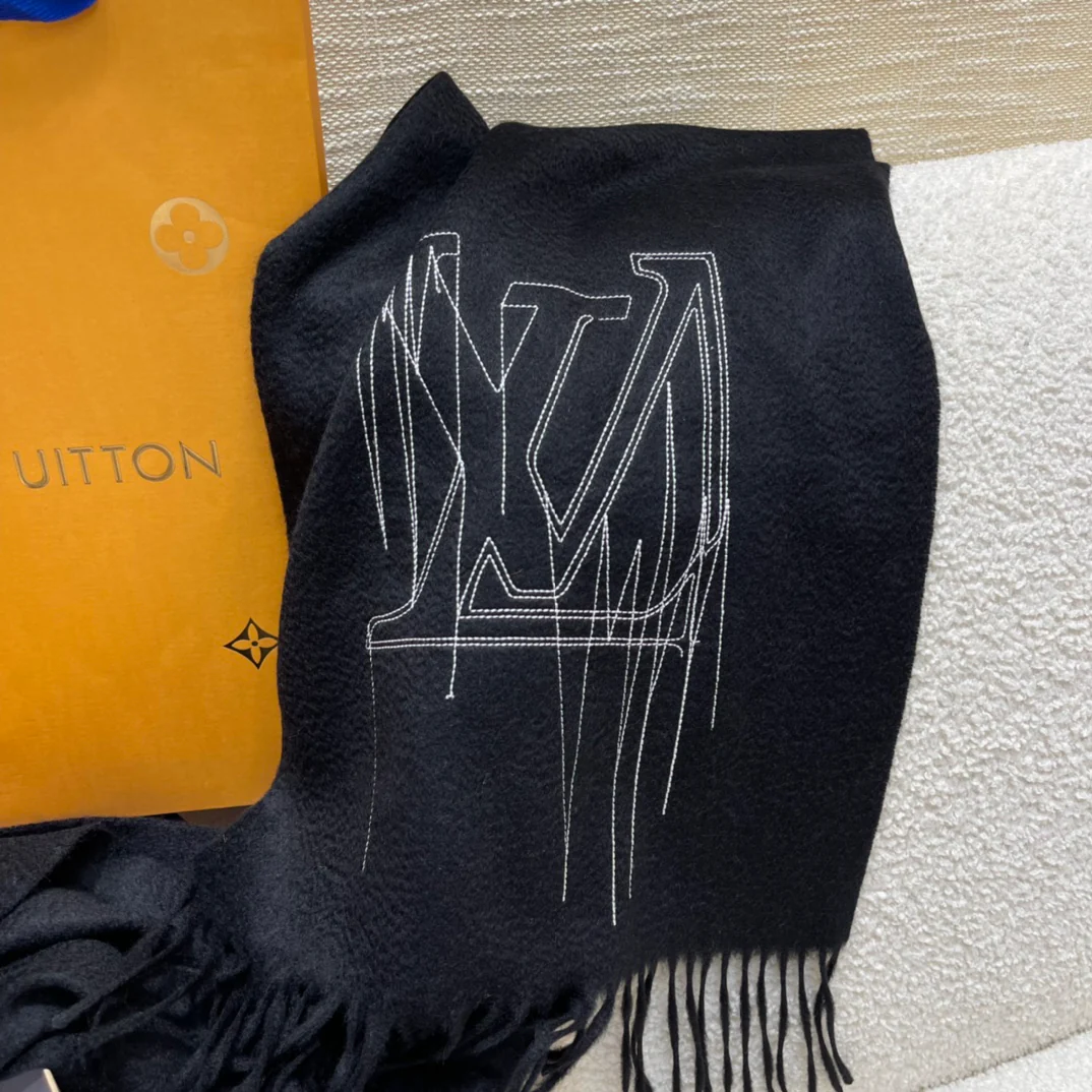 Вышитый шарф LV - 180 см - 35 см - 100% кашемир - черный