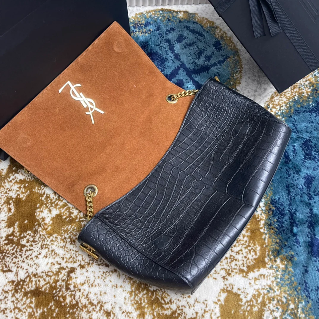 YSL-Kate Double Bread - Кожа с тиснением под крокодила - Черный - 28 см