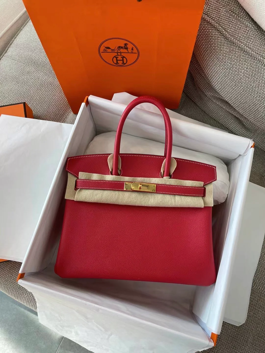 Hermes Birkin 30-Flag Red Q5-Epsom Color Block Denim Blue