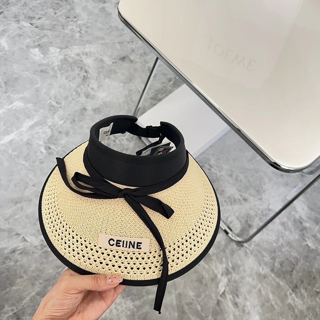 Новая летняя плетеная шляпа от солнца Celine с бантом, 2024 год - бежевая.