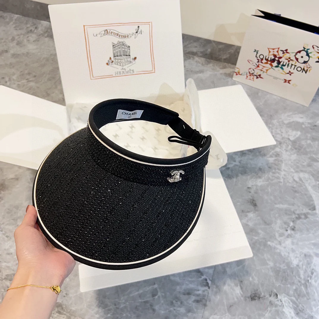 Шляпа от солнца Chanel 2024 Summer New Pearl Logo Sequin Sun Hat - Black