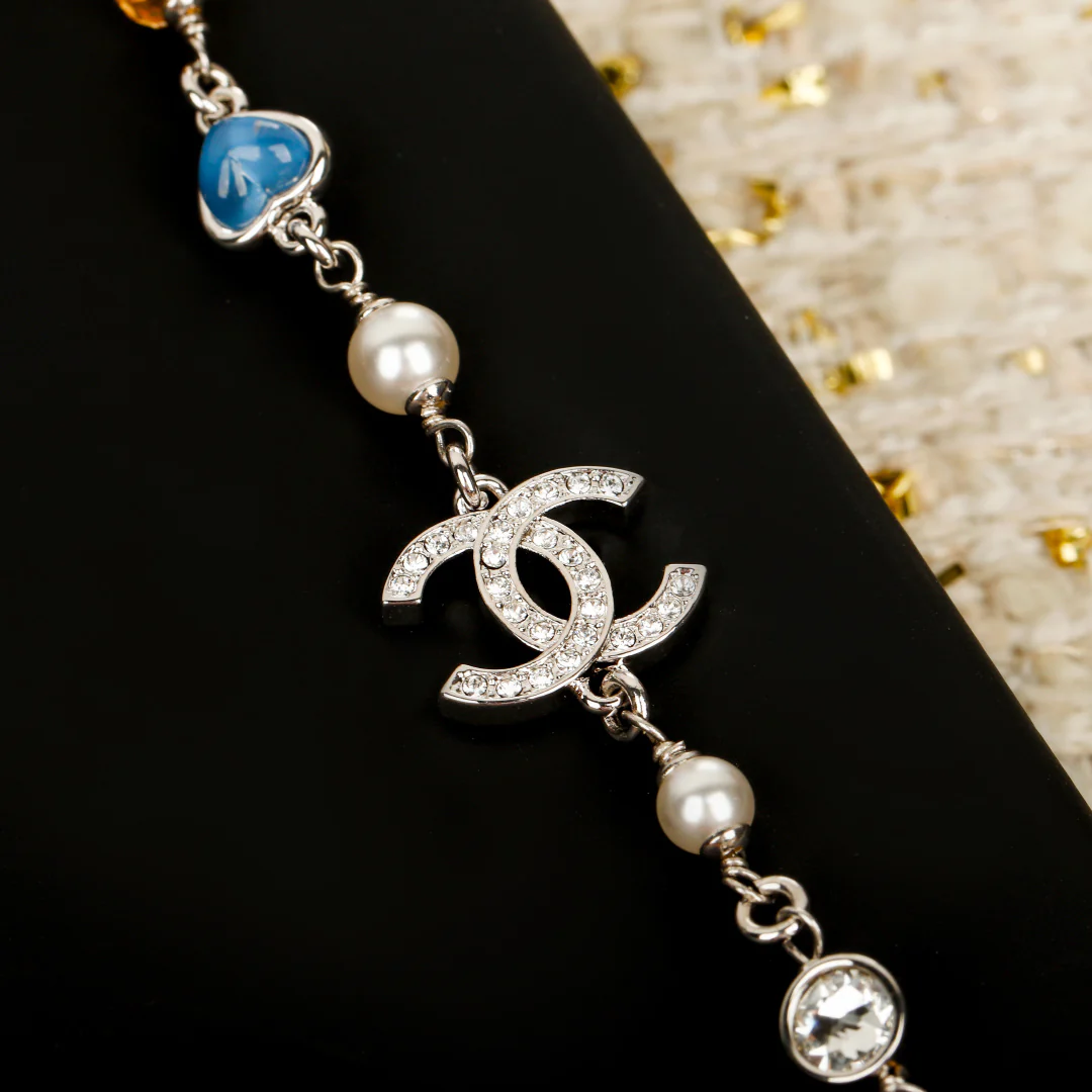 Колье Chanel Heart Candy Double C Pearl Sweater Necklace 25p - Розовое - Синее