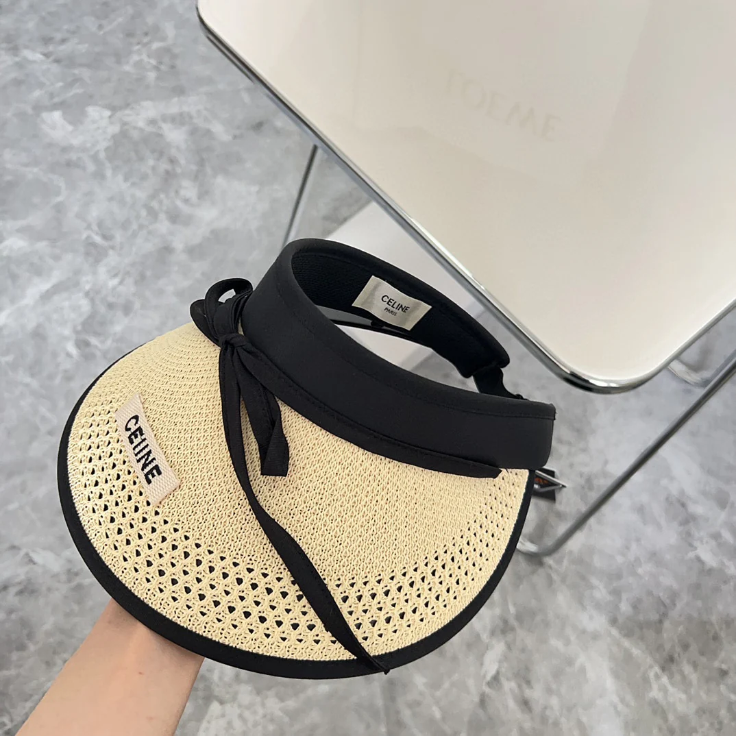 Новая летняя плетеная шляпа от солнца Celine с бантом, 2024 год - бежевая.