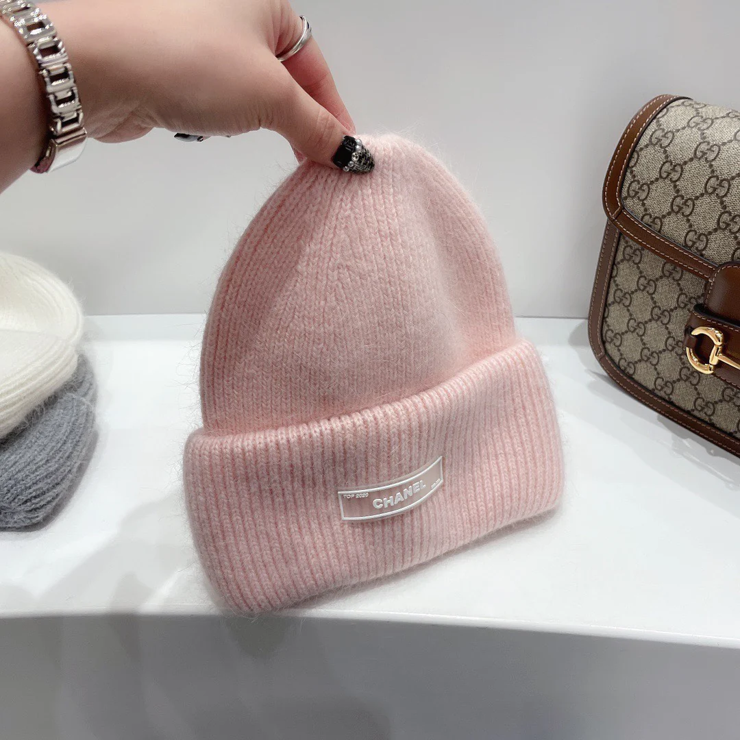 Chanel - Вязаная шапка из кроличьего меха - Розовая - 1