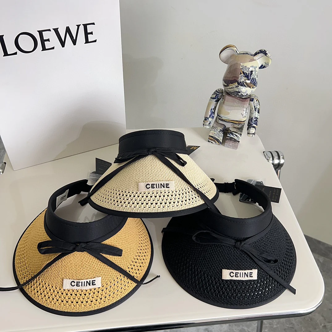 Новая летняя плетеная шляпа от солнца Celine с бантом, 2024 год - бежевая.