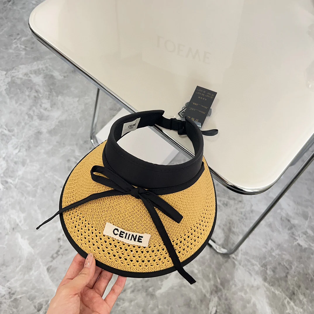Новая летняя плетеная солнцезащитная шляпа Celine 2024 с бантом - цвет хаки.