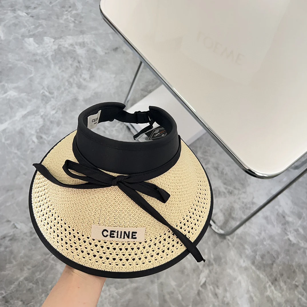 Новая летняя плетеная шляпа от солнца Celine с бантом, 2024 год - бежевая.