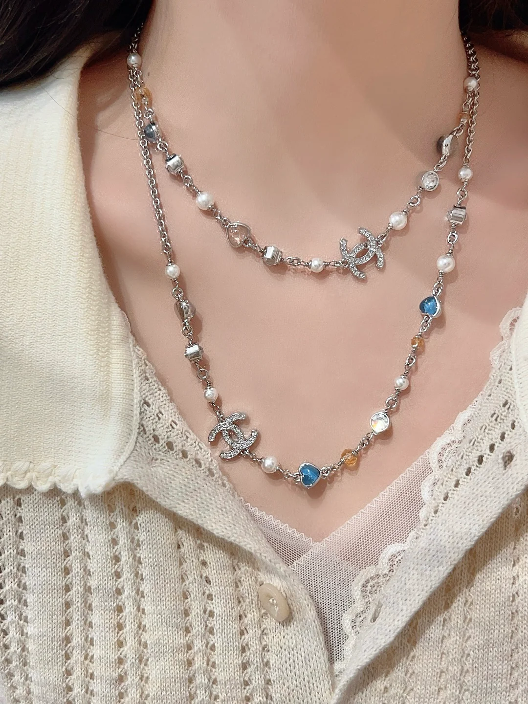 Колье Chanel Heart Candy Double C Pearl Sweater Necklace 25p - Розовое - Синее