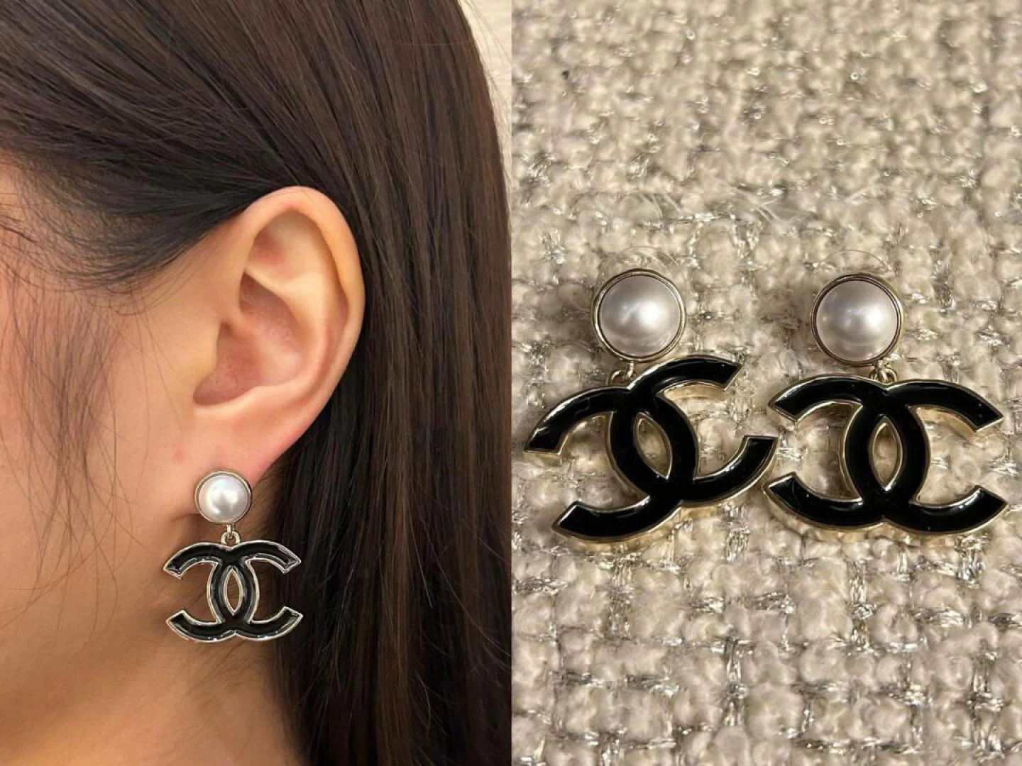 Серьги-подвески Chanel 25p с жемчугом, каплями и двойной буквой С — черно-розовые.