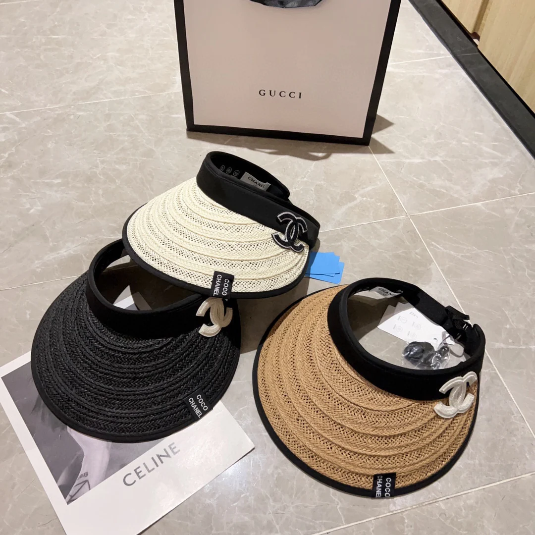 Новинка лета 2023 от Chanel - Соломенная плетеная козырек-шляпа - Солнцезащитная шляпа - Абрикосовый цвет