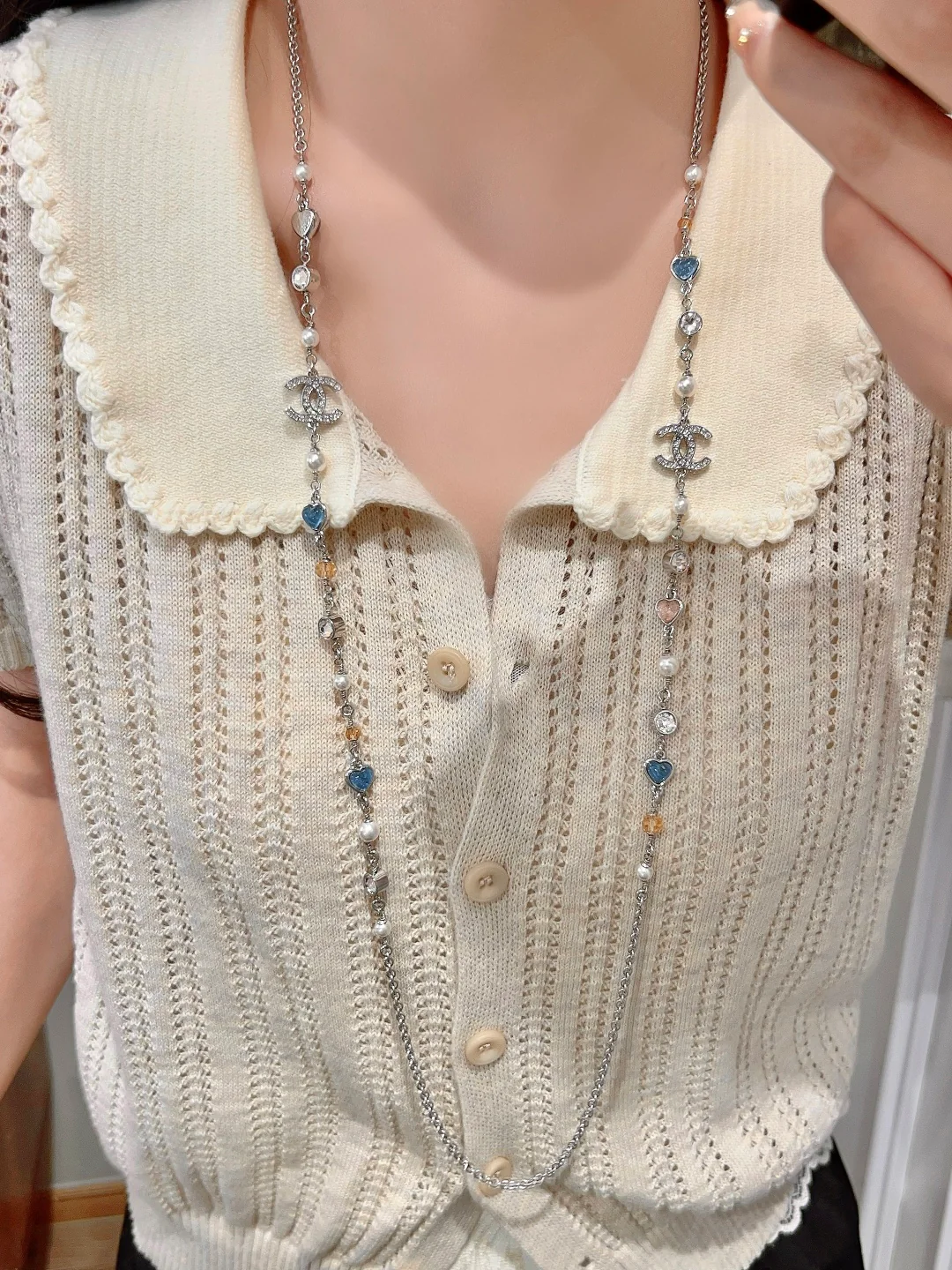 Колье Chanel Heart Candy Double C Pearl Sweater Necklace 25p - Розовое - Синее