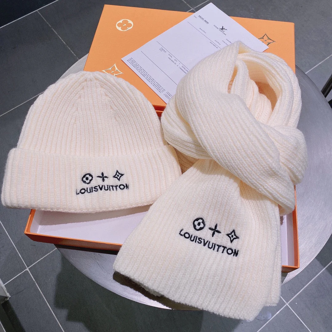LV - Шерстяная вязаная шапка-бини - Унисекс - Белая