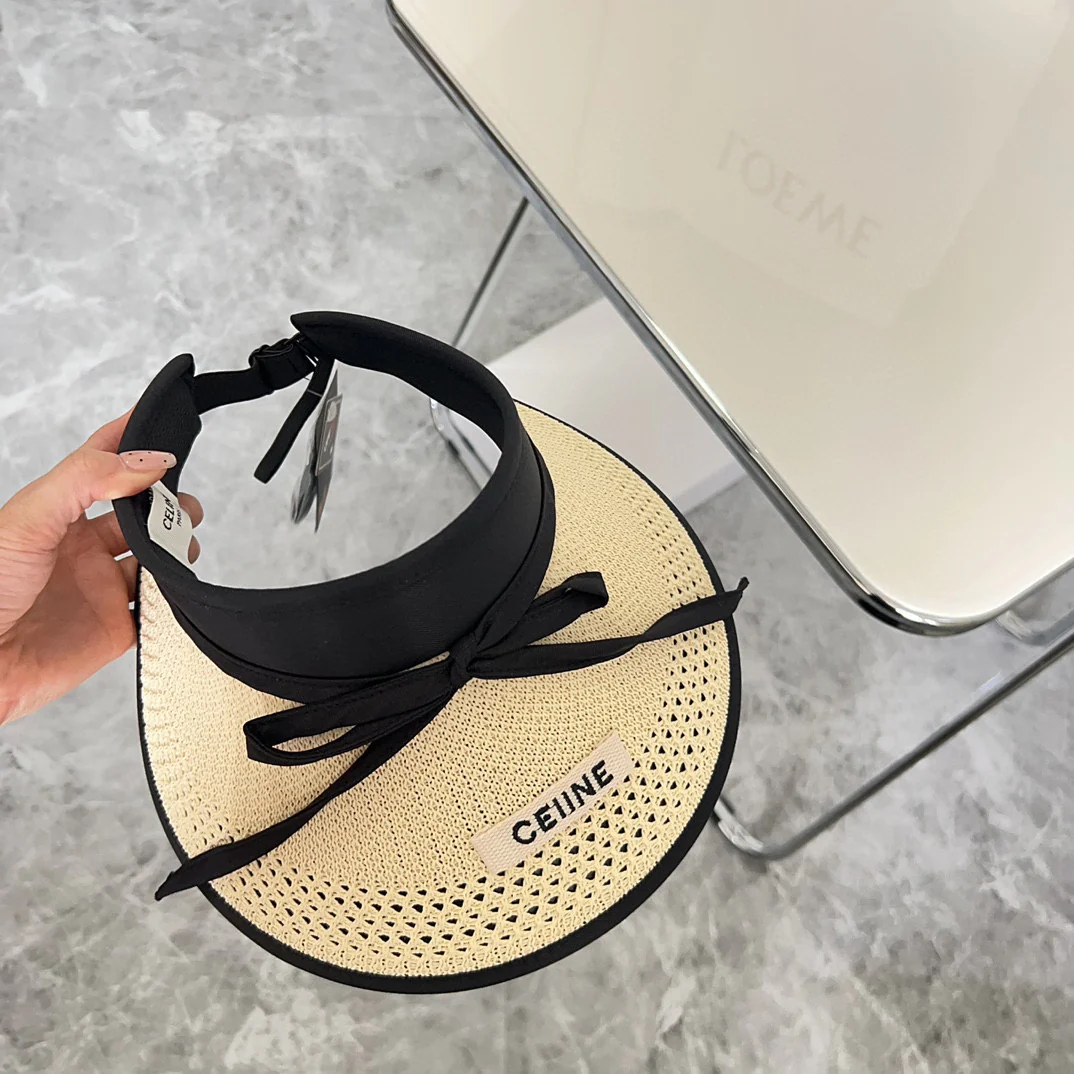 Новая летняя плетеная шляпа от солнца Celine с бантом, 2024 год - бежевая.