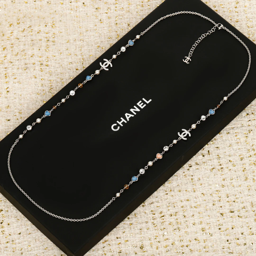 Колье Chanel Heart Candy Double C Pearl Sweater Necklace 25p - Розовое - Синее