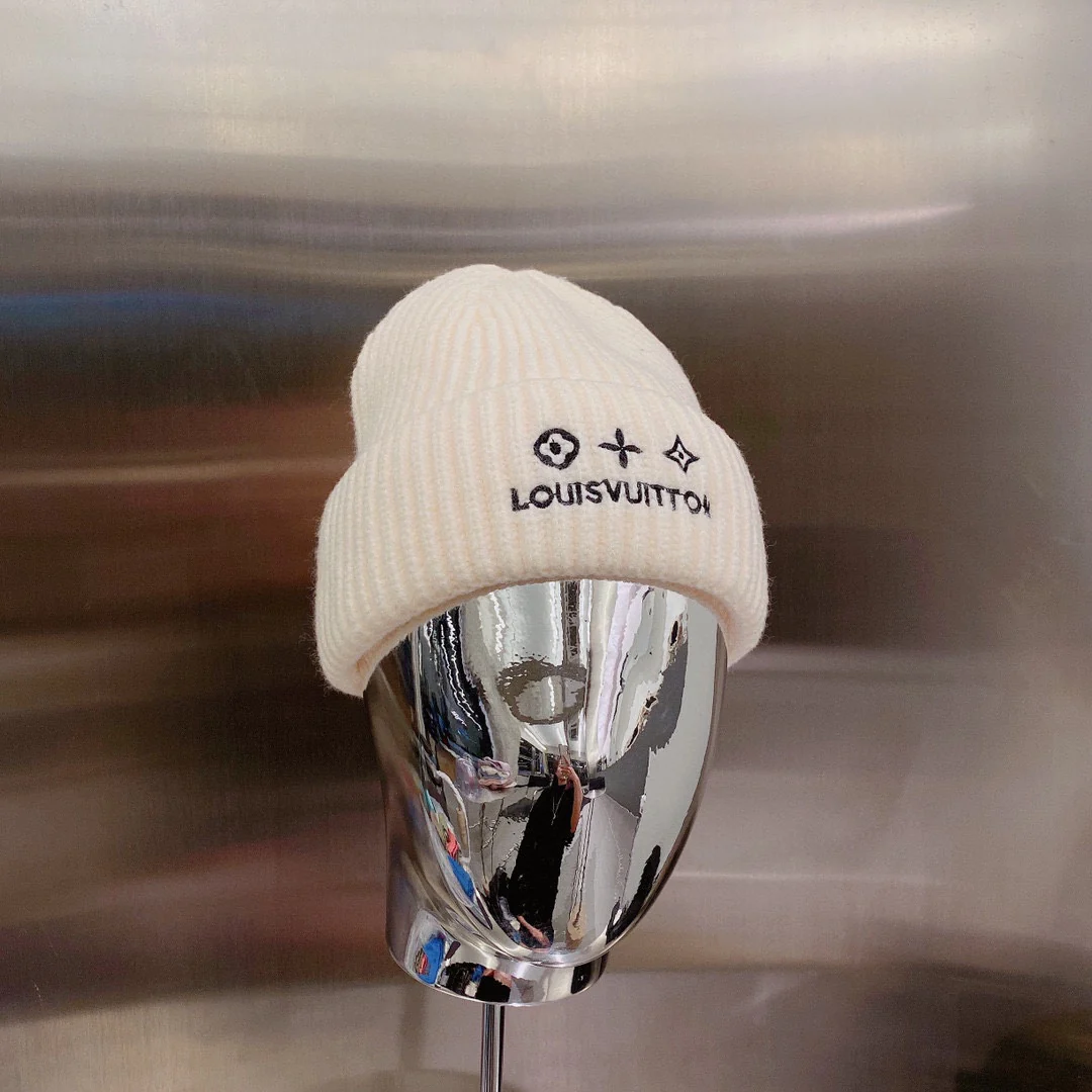 LV - Шерстяная вязаная шапка-бини - Унисекс - Белая