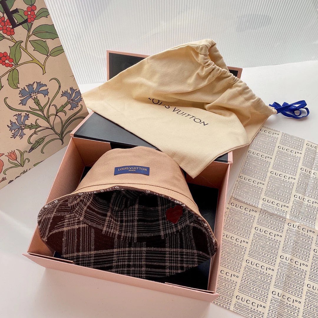 LV - Двусторонняя клетчатая рыбацкая шляпа - Коричневая