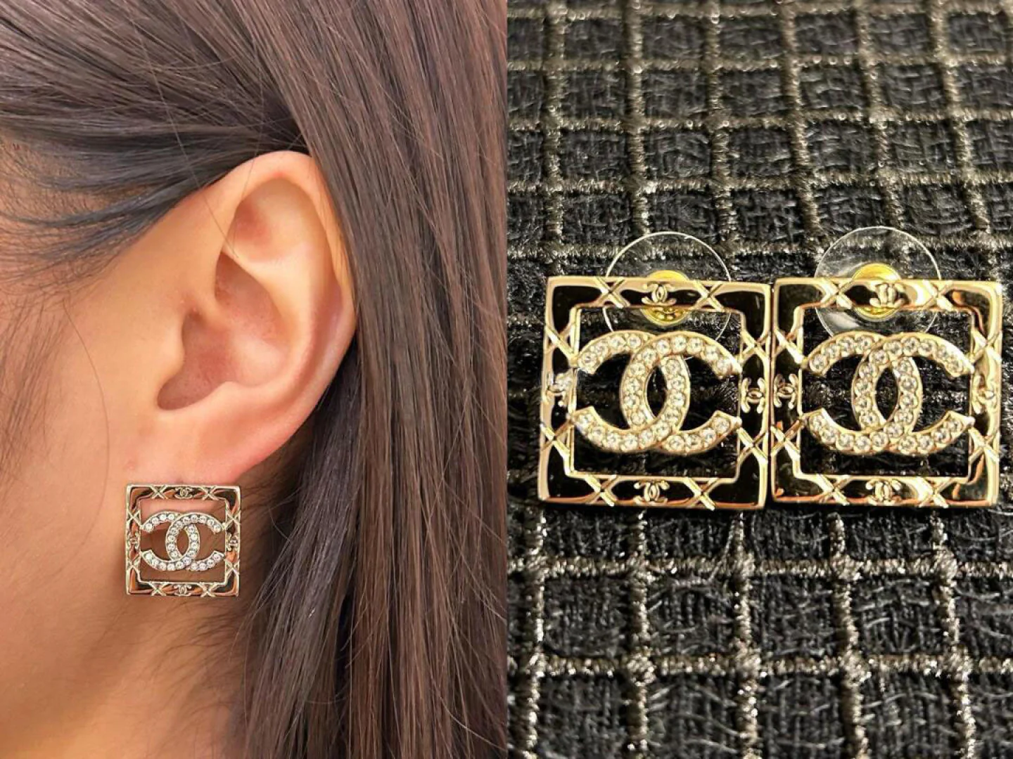 Chanel - Квадратные серьги с выемкой в ??виде двойной буквы С, 25 пенсов