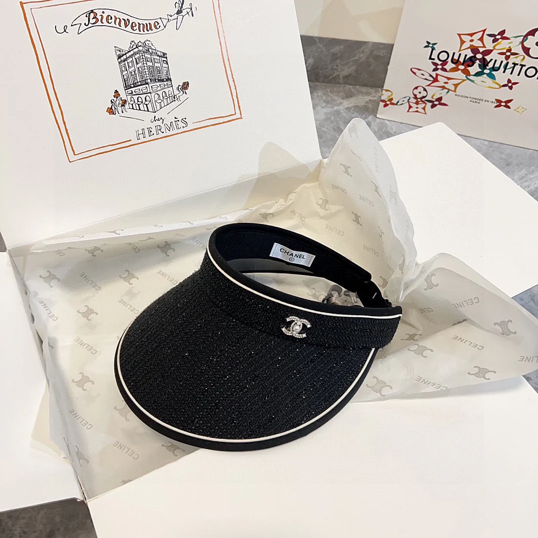 Шляпа от солнца Chanel 2024 Summer New Pearl Logo Sequin Sun Hat - Black