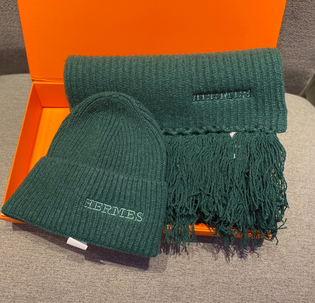 Вязаный комплект из кашемировой шапки и шапки Hermes - темно-зеленый