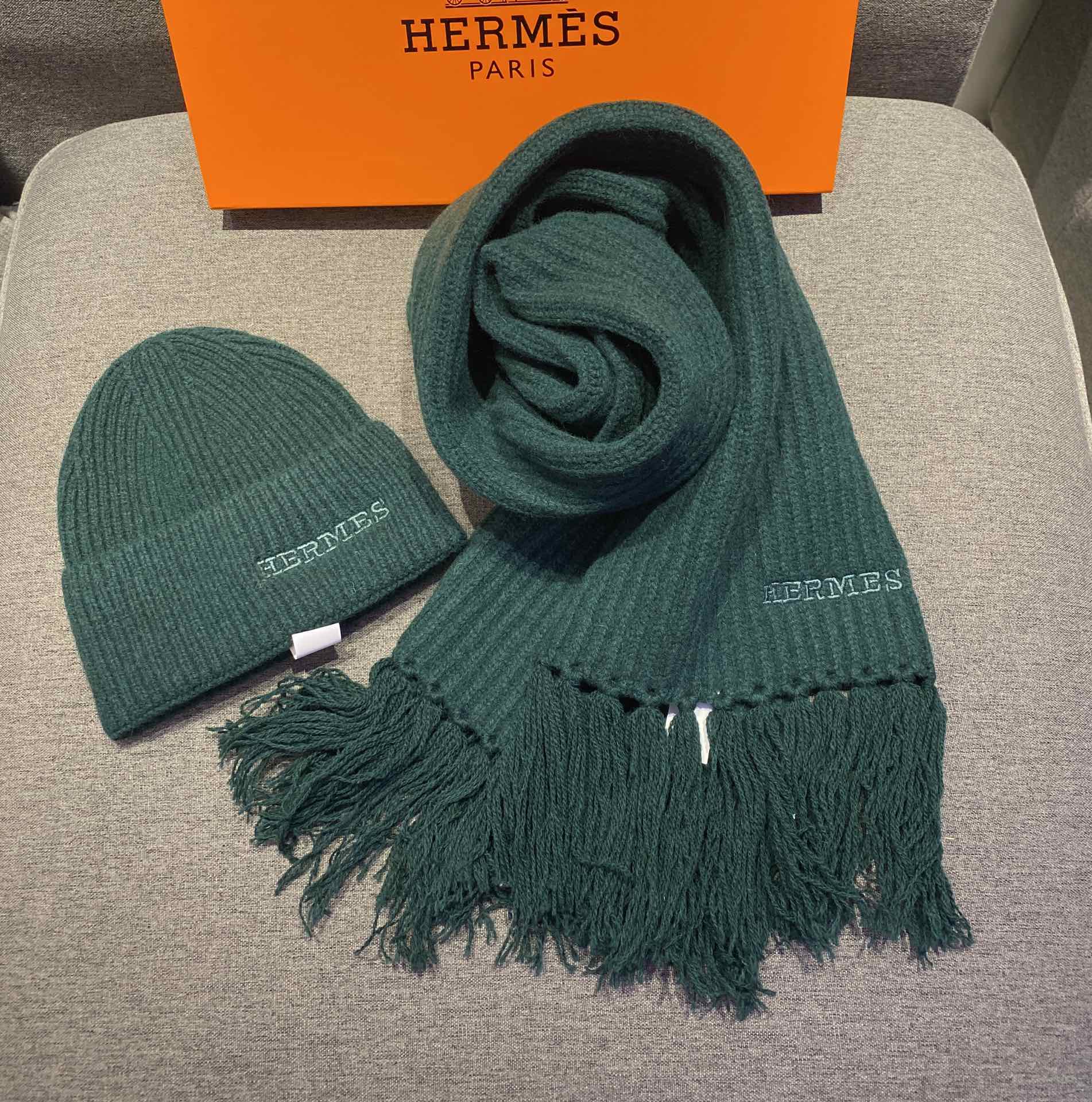 Вязаный комплект из кашемировой шапки и шапки Hermes - темно-зеленый