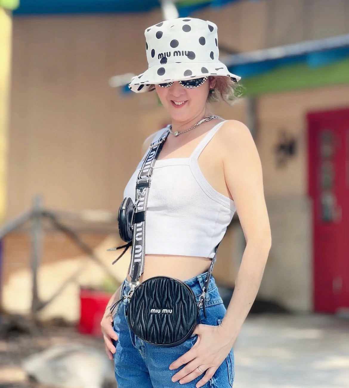 Miu Miu - Новая рыбацкая шляпа из чистого хлопка в горошек - белая