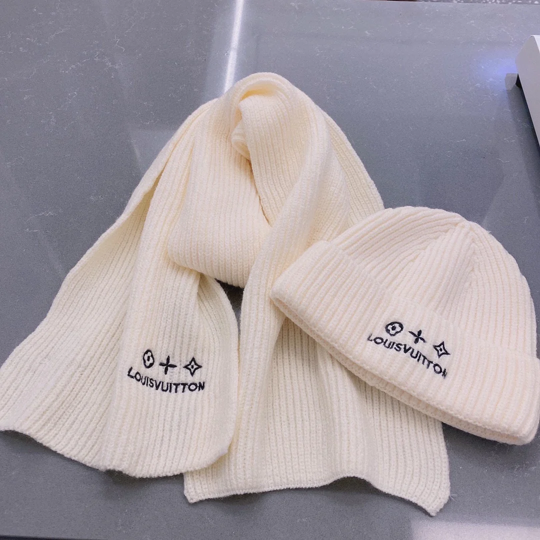 LV - Шерстяная вязаная шапка-бини - Унисекс - Белая