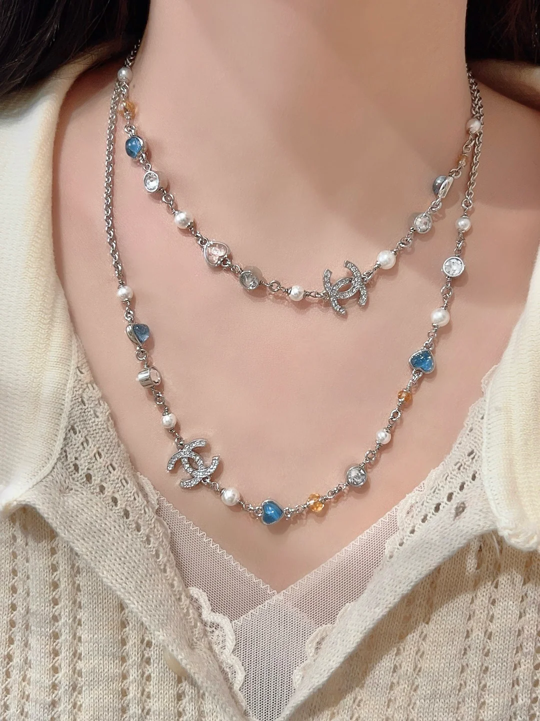 Колье Chanel Heart Candy Double C Pearl Sweater Necklace 25p - Розовое - Синее