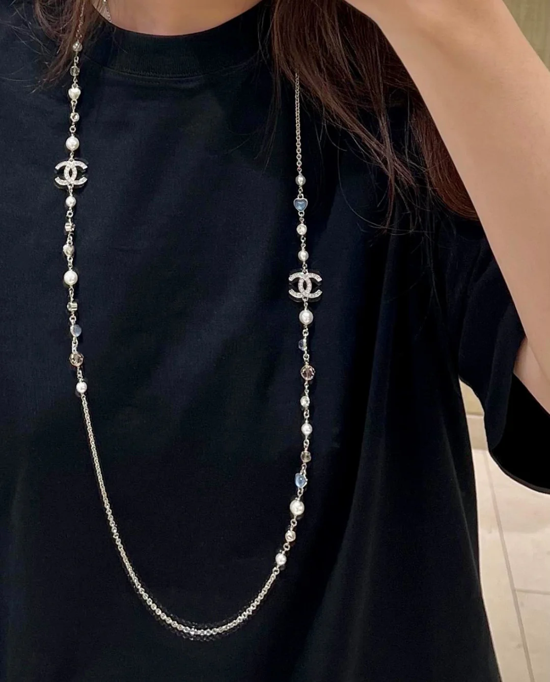 Колье Chanel Heart Candy Double C Pearl Sweater Necklace 25p - Розовое - Синее