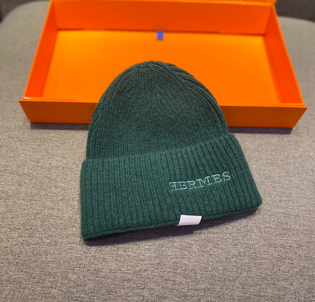 Вязаный комплект из кашемировой шапки и шапки Hermes - темно-зеленый