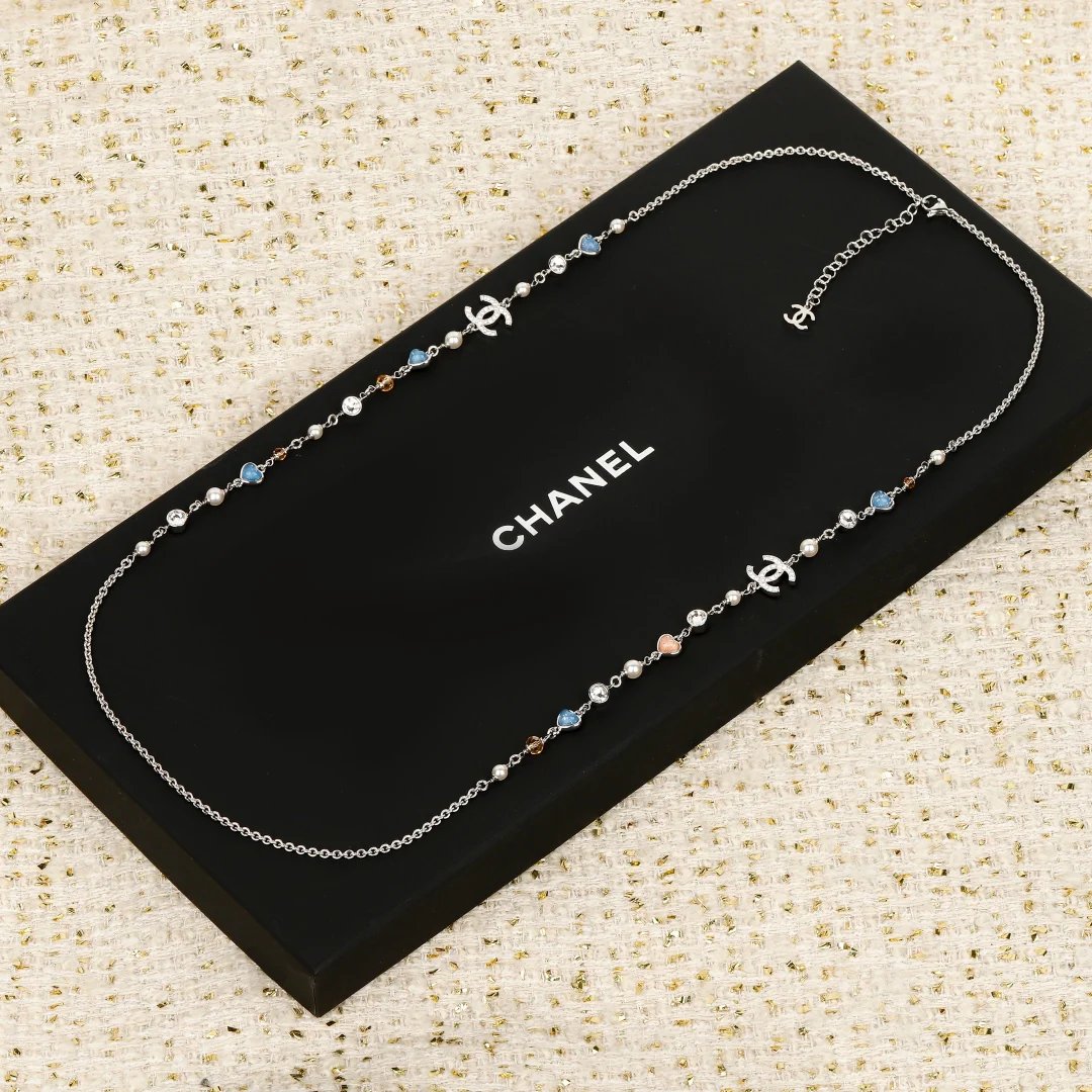 Колье Chanel Heart Candy Double C Pearl Sweater Necklace 25p - Розовое - Синее