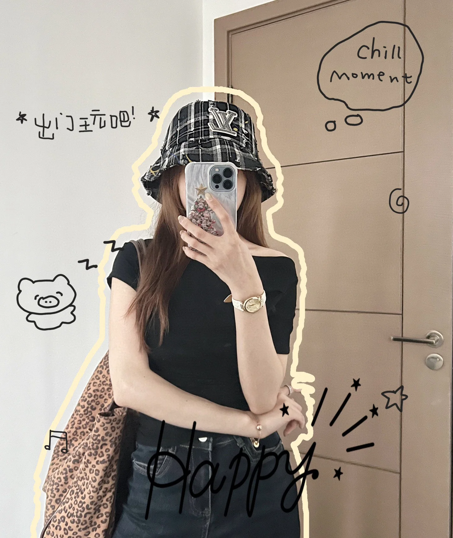 Рыбацкая шляпа LV в клетку с эффектом потертости - черная