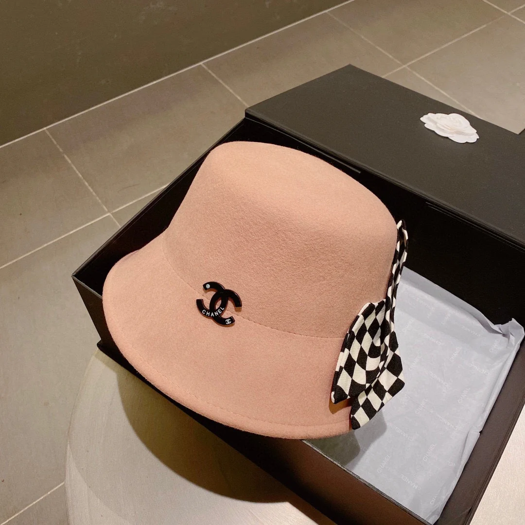 Chanel - Клетчатый бант - Шерстяная рыбацкая шляпа - Абрикосовый цвет