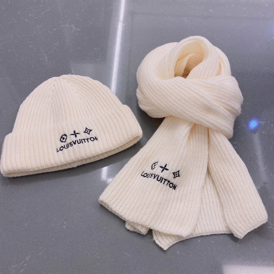 LV - Шерстяная вязаная шапка-бини - Унисекс - Белая
