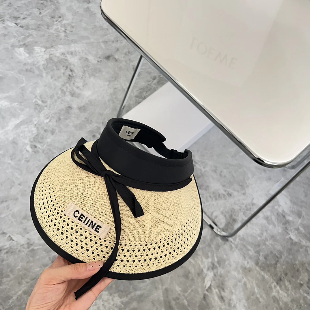 Новая летняя плетеная шляпа от солнца Celine с бантом, 2024 год - бежевая.