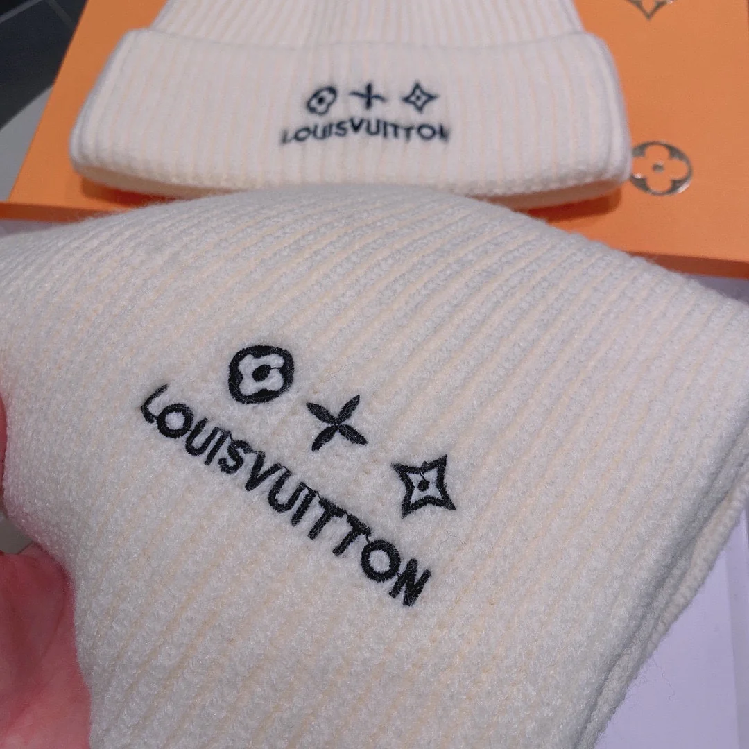 LV - Шерстяная вязаная шапка-бини - Унисекс - Белая