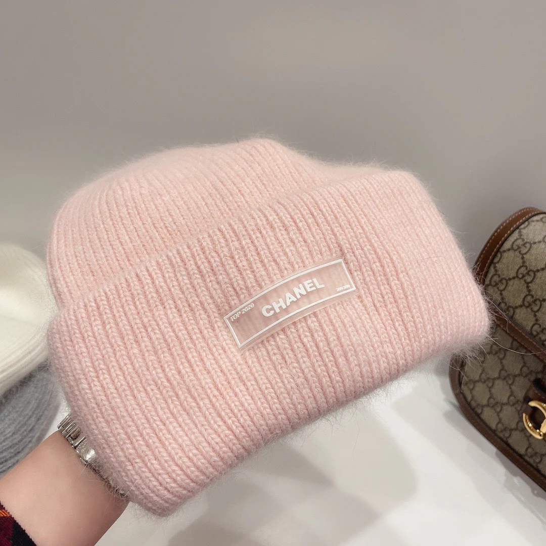 Chanel - Вязаная шапка из кроличьего меха - Розовая - 1