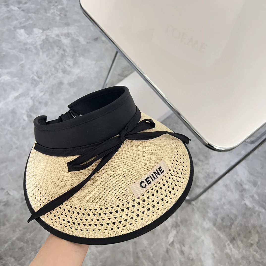 Новая летняя плетеная шляпа от солнца Celine с бантом, 2024 год - бежевая.
