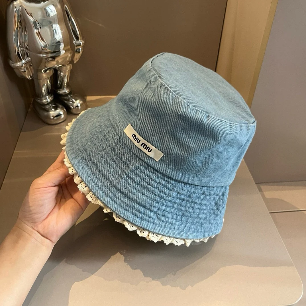 Miu Miu - Джинсовая солнцезащитная шляпа с кружевной отделкой - светло-голубая