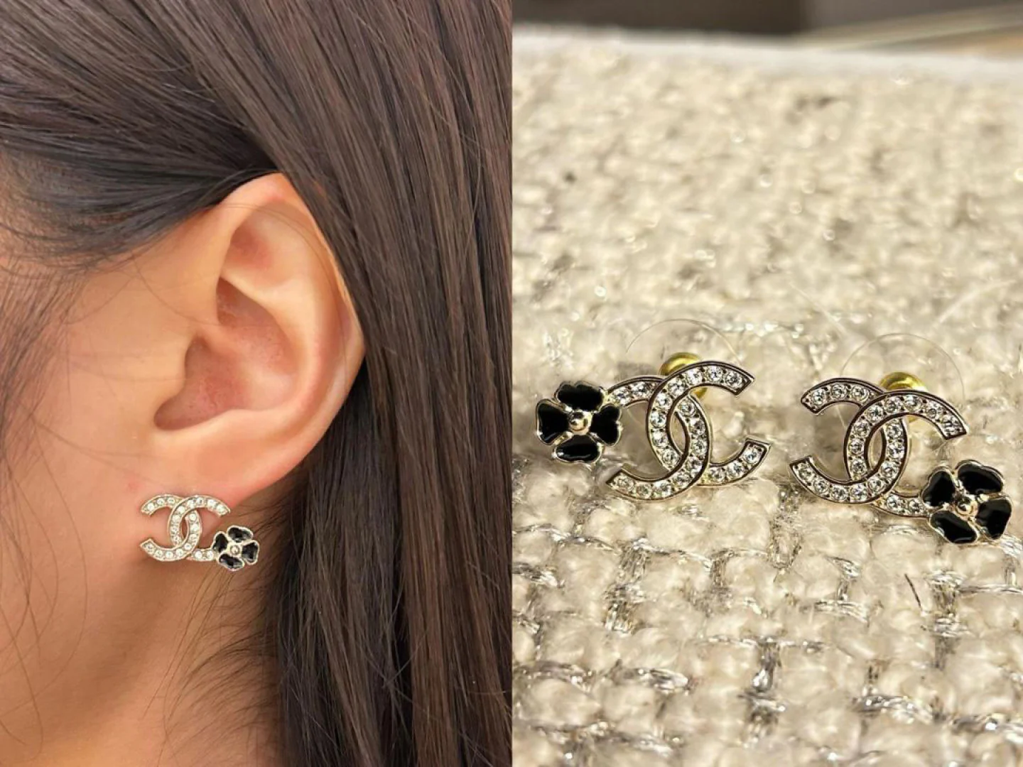 Chanel - 25 пенсов, асимметричные серьги в виде двойной буквы С с камелией