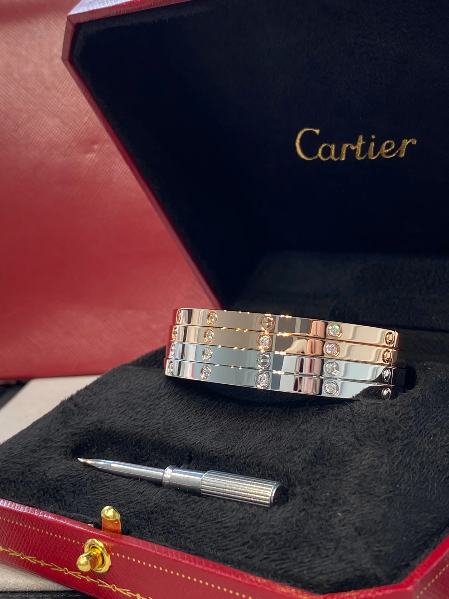 Тонкий браслет Cartier Love - Белое золото - Розовое золото - 6 бриллиантов - 10 бриллиантов