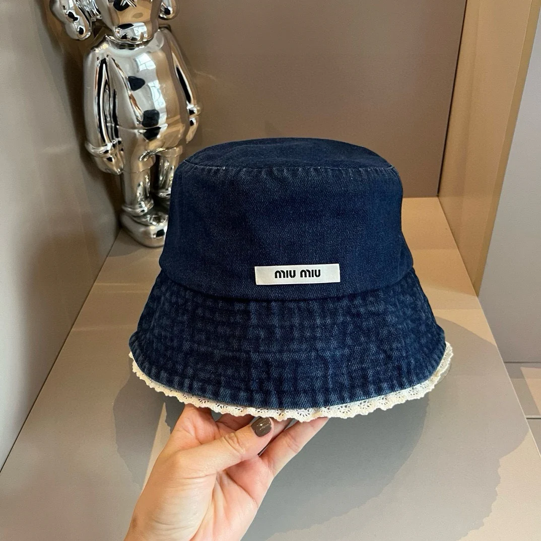 Miu Miu - Джинсовая солнцезащитная шляпа с кружевной отделкой - темно-синяя